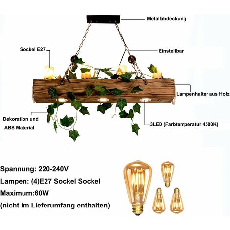 Lampe Suspension Bois Suspension Vintage Plafonnier Cuisine, Métal