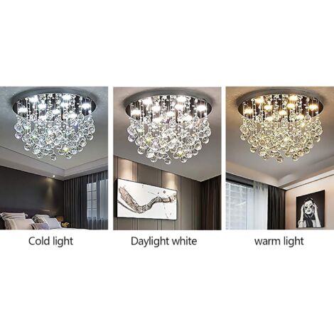 Lustre Cristal Moderne - Suspension Plafond 60 Cm (ou 80 Cm) - Lumière Réglable 3 Tons (3000K-6000K) - Cadre Métal Et Cristaux - Couleurs Or Ou Bleu - Pour Salon, Salle à Manger - 9