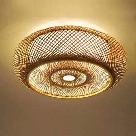 Senderpick – Plafonnier LED bambou tissé à la main – Lampe pendante E27 – Éclairage rustique pour salon, chambre, salle à manger – Dimensions 40 x 14 cm