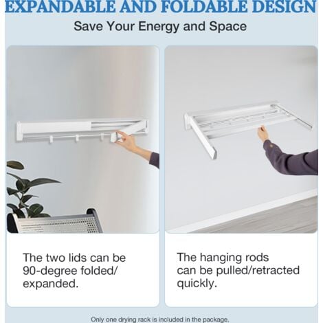 Séchoir à linge mural extensible et pliable en aluminium de haute qualité, pour l'intérieur et l'extérieur, pour les chambres, salles de bains, buanderies, garages, patios et balcons, blanc