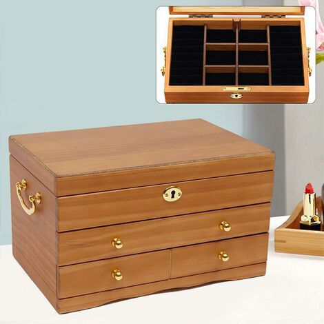 Senderpick – Boîte à bijoux en bois 3 niveaux avec miroir – 2 tiroirs – Verrouillage par clé – Dimensions 29 x 19 x 17 cm