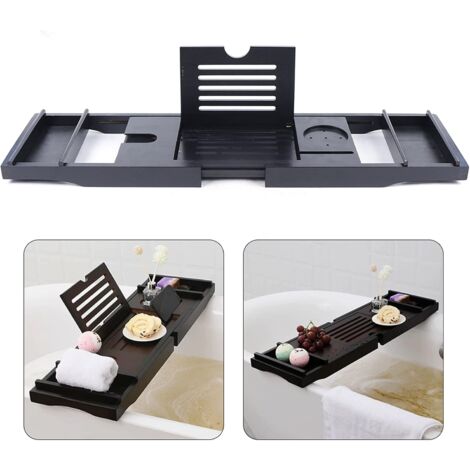 Plateau de bain en bois de bambou, extensible de 75 à 115 cm, plateau de bain antidérapant, convient à la plupart des baignoires, peut contenir un livre, un iPad, un téléphone, un verre, une bougie (n (1/5)