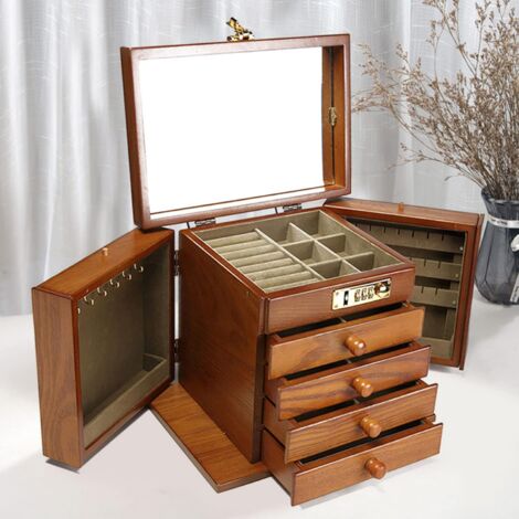 Senderpick – Boîte à bijoux en bois avec miroir – 5 niveaux – 4 tiroirs amovibles – 6 crochets pour colliers – Verrouillage par mot de passe