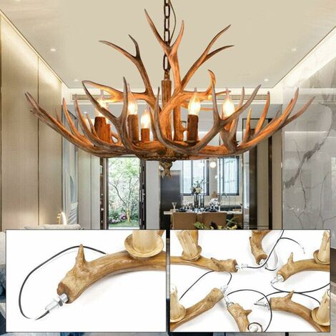 Senderpick – Lustre en bois de cerf vintage – Suspension en résine naturelle – Diamètre 68 cm – Hauteur 40 cm – 6 lumières E14 pour salon et bureau
