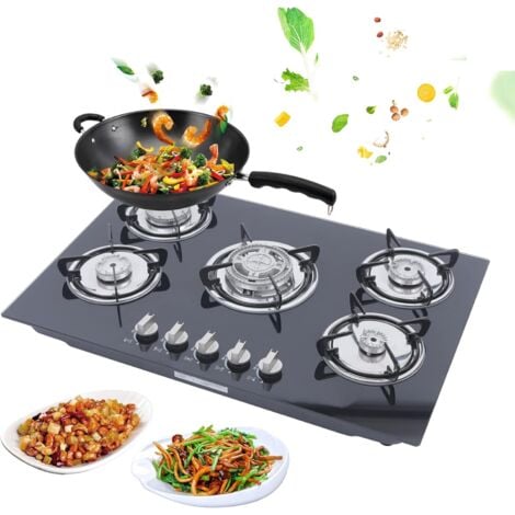 Plaque de cuisson à gaz 30 pouces, 5 flammes, plaque de cuisson à gaz, encastrée, noire, avec protection anti-incendie, pour gaz naturel et gaz de cuisson propane, verre trempé