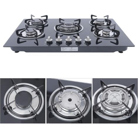 Plaque de cuisson à gaz 30 pouces, 5 flammes, plaque de cuisson à gaz, encastrée, noire, avec protection anti-incendie, pour gaz naturel et gaz de cuisson propane, verre trempé