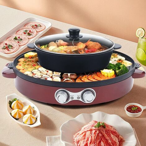 Marmite électrique 2 En 1 Pour Raclette Et Barbecue - 2200 W - Nettoyage Facile - Idéal Pour Les Repas En Famille Ou Entre Amis (rouge/or)