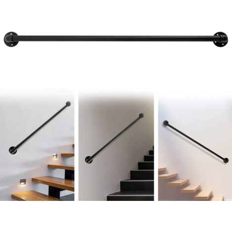 4FT Rail tubulaire Main courante Rails d'escalier montés au mur Rails d'escalier Salle de bain Garde-corps Loft Main courante Noir