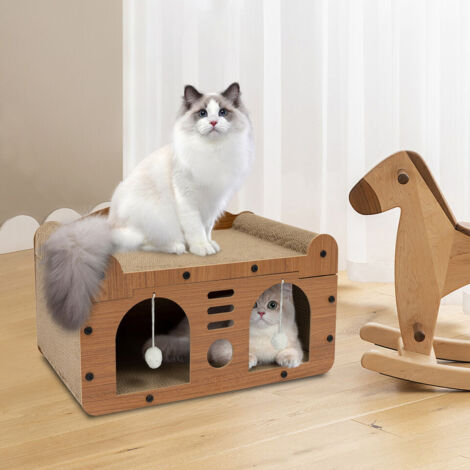 Maison pour chat à deux niveaux Lit pour chat avec griffoir et balles de jeu (2 balles en peluche) (1/5)
