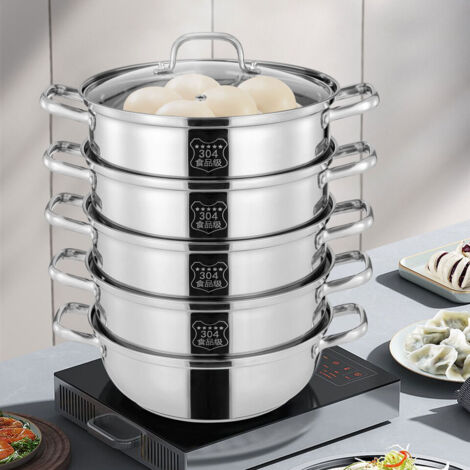 Cuisinière à vapeur à 5 étages Cuisinière à vapeur en acier inoxydable 30CM Casserole avec couvercle en verre
