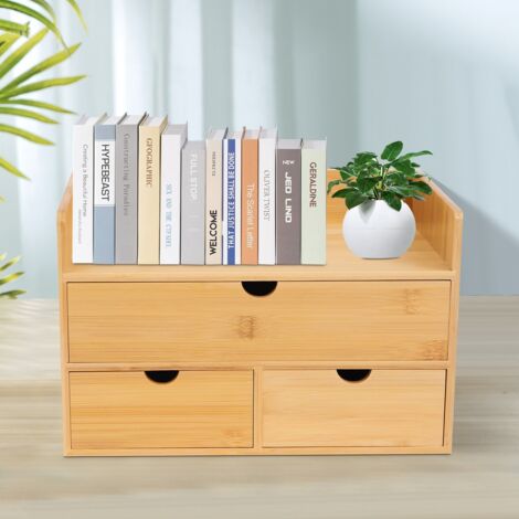 Organisateur de bureau en bambou avec 3 tiroirs Tabletop Cosmetic Storage Simple Design NEW (1/5)