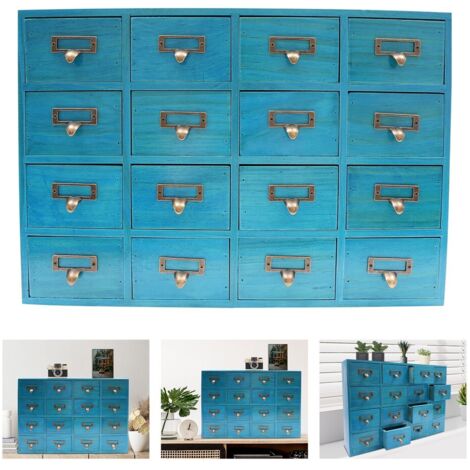 Senderpick – Armoire à pharmacie 16 tiroirs en bois – Rangement herbes médicinales – Design rustique bleu – Dimensions 50.5x9.5x35cm