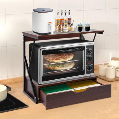 Organiseur Comptoir Cuisine Avec Tiroir Et Panier Métal - Étagère Bois Robuste Pour Machine à Café, Design Compact, Noir