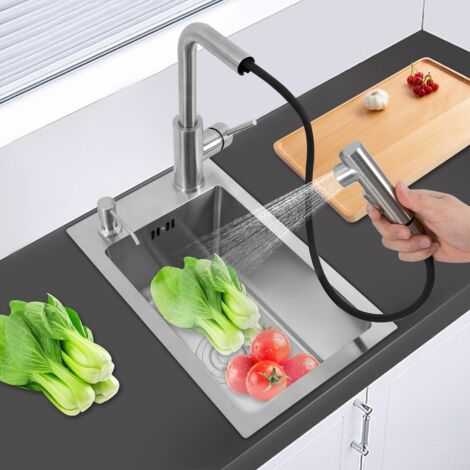 28x46x22cm Evier simple en acier inoxydable Evier de cuisine en acier inoxydable Evier avec robinet extractible Argent (1/5)
