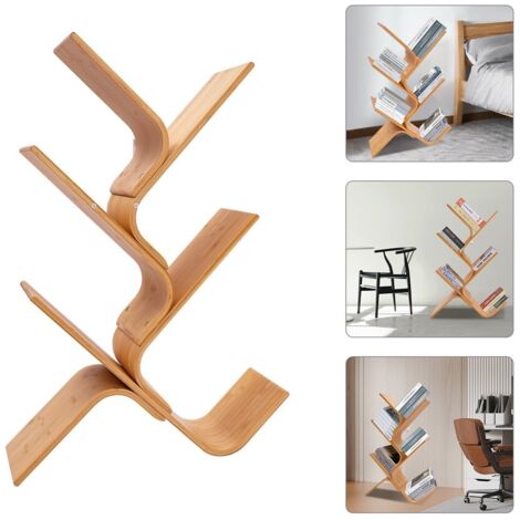 Étagère à livres à cinq niveaux avec branches courbées, étagère à livres créative et design, étagère à livres en bambou, étagère à livres verticale moderne. (1/5)
