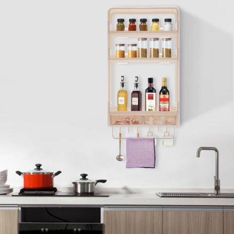 Étagère, 40 x 10 x 67,5 cm, trois niveaux avec tiroirs et barre à serviettes, armoire de salle de bain à trois niveaux, armoire murale, armoire murale multifonctionnelle, armoire de cuisine. (1/5)