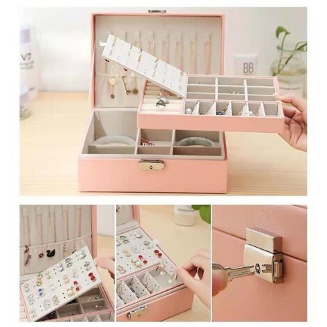 Boîte à bijoux double couche en PU, boîte de rangement pour bijoux, boîte de rangement pour bijoux, boîte de rangement pour bijoux 23 x 17 x 9 cm, rose. (1/5)