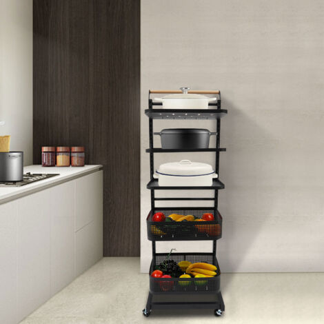 Étagère de rangement, 33 x 40,5 x 122 cm, étagère à 5 niveaux, étagère de rangement pour cuisine à trois panneaux et deux paniers, étagère de rangement mobile avec roulettes, hauteur réglable. (1/5)