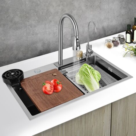 Évier en acier inoxydable de 68 cm Évier de cuisine à cuve unique Évier de bar à cascade Évier encastré Robinet à bec rétractable