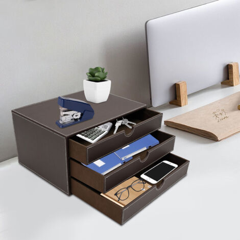 Rangement pour bureau à 3 niveaux avec plateau en cuir, tiroirs pour documents, boîte de rangement pour documents de bureau. (1/5)