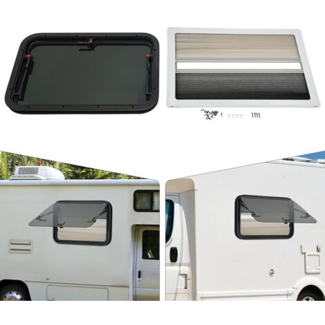 Fenêtre coulissante extérieure pour camping-car 700 x 450 mm avec moustiquaire et store pare-soleil. Fenêtre de camping-car rectangulaire à ouverture extérieure, structure sandwich, installation.