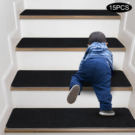 15 pièces de tapis en feutre pour escaliers 12 x 60 cm, tapis pour marches d'escalier, tapis en laine autocollant grand format, antidérapant pour intérieur, tapis pour escaliers. (1/5)