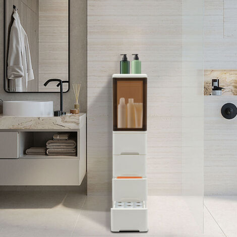 25 x 38 x 107 cm Armoire de salle de bain blanche avec tiroirs Petite armoire de rangement étroite pour salle de bain 25 cm de largeur, 1 porte et 4 tiroirs (1/5)