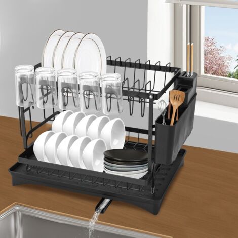 Égouttoir moderne à 2 niveaux Égouttoir de cuisine pour assiettes et couverts Égouttoir Égouttoir à couverts Noir (1/5)