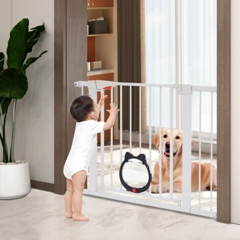 Clôture pour chien, barrière de sécurité en acier au carbone, enclos pour chien autonome, barrière de porte, garde-corps d'escalier, rampe de protection, avec chatière, blanc, barrière de sécurité pou (1/5)