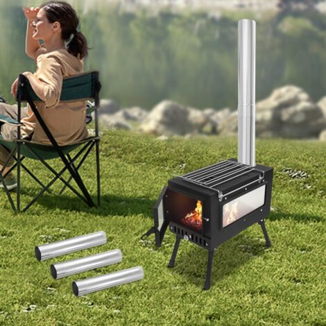 Poêle de tente, poêle à bois avec 5 tuyaux de cheminée, poêle de camping portable pour tente, poêle de tente chauffant pour le chauffage et la cuisine en extérieur, pêche sur glace, chasse, noir (1/5)