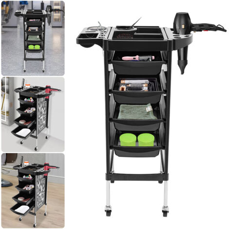 Chariot de coiffure noir, chariot de salon avec quatre tiroirs, support d'équipement pliable, chariot de coiffure spa, adapté aux coiffeurs, barbiers et stylistes capillaires. (1/5)
