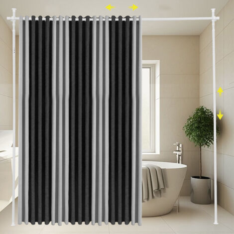 Tringle à rideaux pour séparateurs de pièce – tringle télescopique (1,22 m à 3,05 m), supports verticaux autoportants, installation sans dommage pour les murs, blanc (1/5)