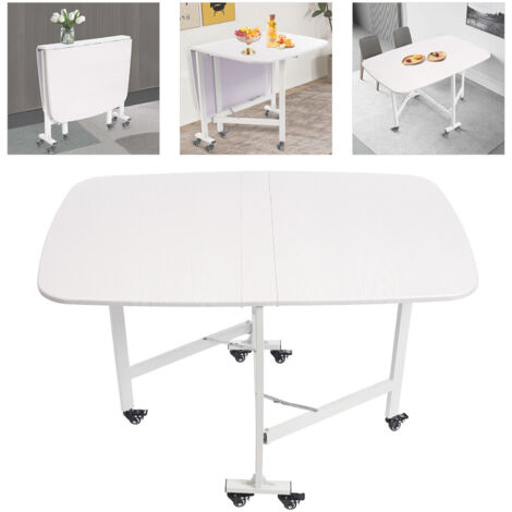 Table à manger multifonctionnelle à trois volets - Table de cuisine pliante en bois de 47 pouces avec six roulettes (blanche) Table de cuisine pliante en bois de 119 cm avec 6 roulettes