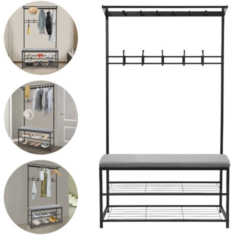 Porte-manteau avec crochets, porte-manteau robuste en métal, porte-manteau avec banc et 9 crochets amovibles, armoire multifonctionnelle pour chambre à coucher avec étagère à chaussures (noir, 100 x 3 (1/5)