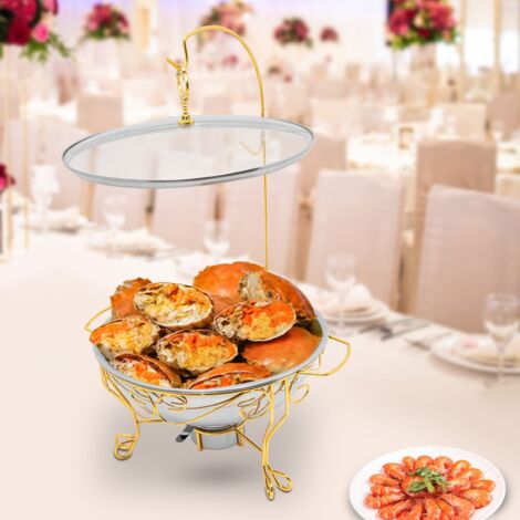 Réchauffeur alimentaire rond en acier inoxydable (avec couvercle suspendu) Capacité de 6 litres, idéal pour les restaurants, les buffets et les fêtes, finition dorée