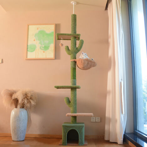 Griffoir pour chat, hauteur au plafond, arbre à chat moderne avec maison pour chat, griffoirs, plateformes, capacité de charge 5 kg, hauteur réglable de 242 à 275 cm, couleur verte (1/5)