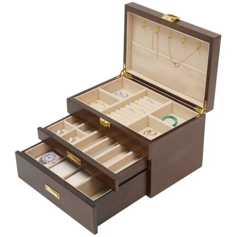 Boîte à bijoux en bois, boîte à bijoux à 3 niveaux pour femmes, organiseur de bijoux, coffret de rangement en bois pour colliers, boucles d'oreilles, bagues (1/5)