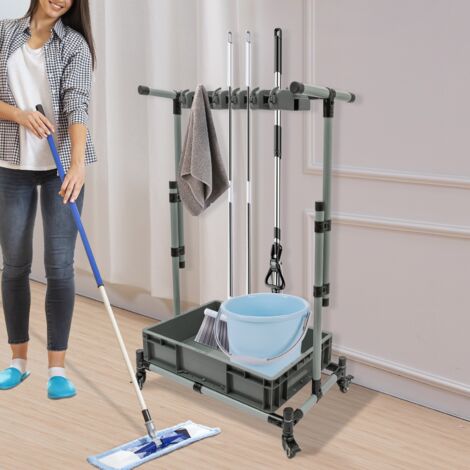 Support pour balais et serpillères Support mobile pour serpillères humides à fixer au sol Chariot de nettoyage sur pied Rangement pour jardin, garage, écoles, hôpitaux, usines, hôtels, sociétés immobi (1/5)