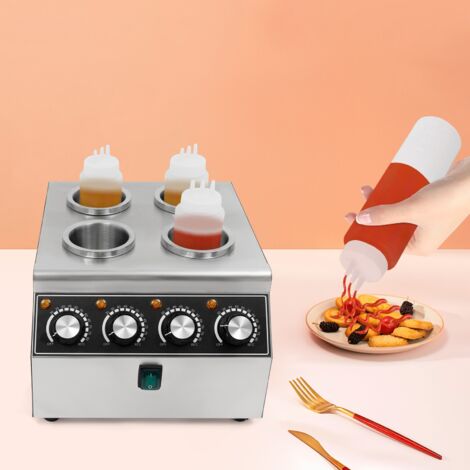 Chauffe-sauce électrique 800 W, chauffe-sauce au chocolat, distributeur-chauffe-sauce au fromage avec 4 bouteilles souples, distributeur-chauffe-fudge chaud, machine de conservation à chaud pour confi