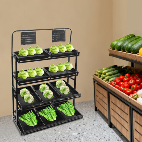 Étagère de stockage pour supermarché, rayonnage de vente au détail, 4 niveaux avec 10 plateaux solides et boîtes de rangement amovibles, adaptée aux snacks/boissons/conserves/jouets (Couleur : noir, d