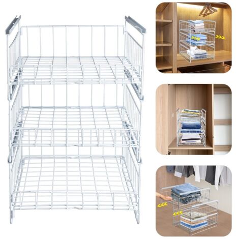 Lot de 3 rangements pour armoire, boîtes de rangement empilables, tiroirs pour placard, étagères, armoires métalliques, système de rangement pour armoire, pliables pour la maison, blanc