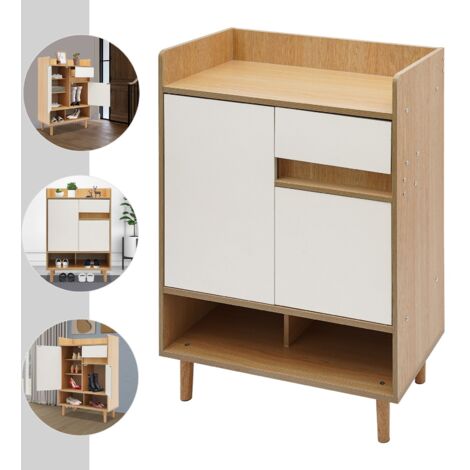 Meuble à chaussures en bois blanc avec 1 tiroir et 2 portes, étagère à chaussures, rangement à chaussures, meuble à chaussures pour salon, 60 x 32 x 90 cm (1/5)