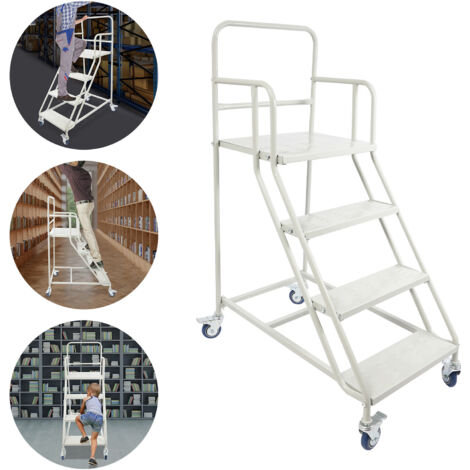 Senderpick – Escabeau roulant 4 marches – Capacité 400 kg – Roulettes avec freins – Pédales antidérapantes – Structure en acier laminé à froid