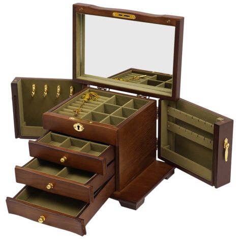 Boîte de rangement pour bijoux pour femmes - Rangement à 4 tiroirs avec serrure et miroir - Boîte à bijoux pour colliers, bagues, bracelets et boucles d'oreilles