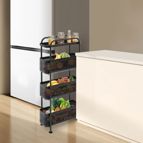 Chariot de cuisine métallique étroit avec tiroirs extensibles, chariot encastrable à 4 niveaux, étagère encastrable sur roulettes pour petits espaces, cuisine, salon, bureau, salle de bain (noir) (1/5)