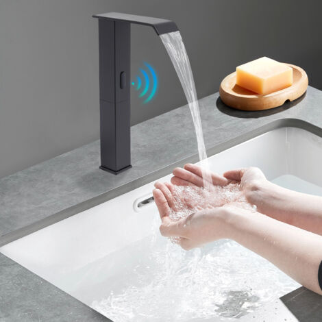 Robinet automatique sans contact pour lavabo, noir, avec capteur de mouvement, robinets de salle de bain sans contact, alimenté par piles ou prise électrique, robinet électronique avec capteur, mains (1/5)