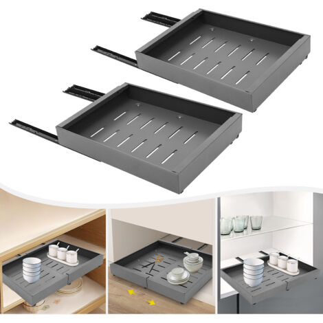 Lot de 2 tiroirs télescopiques, longueur réglable de 32 à 52 cm, organiseur d'armoire extensible, organiseur d'armoire coulissant, placard de cuisine coulissant, armoire de cuisine, gris