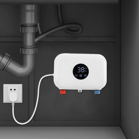 Chauffe-eau électrique sans réservoir 5,5 kW 220 V Chauffe-eau compact à chauffage instantané avec affichage numérique Convient pour les cuisines, les salles de bains et les éviers (crème)