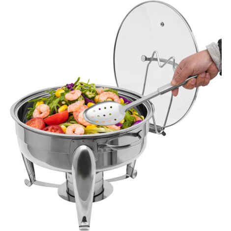 Plateau chauffant en acier inoxydable de 6 litres, chauffe-plat circulaire à alcool (avec couvercle en verre) et cuillère, plateau chauffant pour buffet, chauffe-plat pour service de buffet