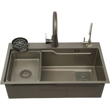 Évier de cuisine encastrable 75 x 45 x 22 cm - Évier à poser sur plan de travail en acier inoxydable 304, évier de cuisine à cuve unique avec robinet extractible, gris